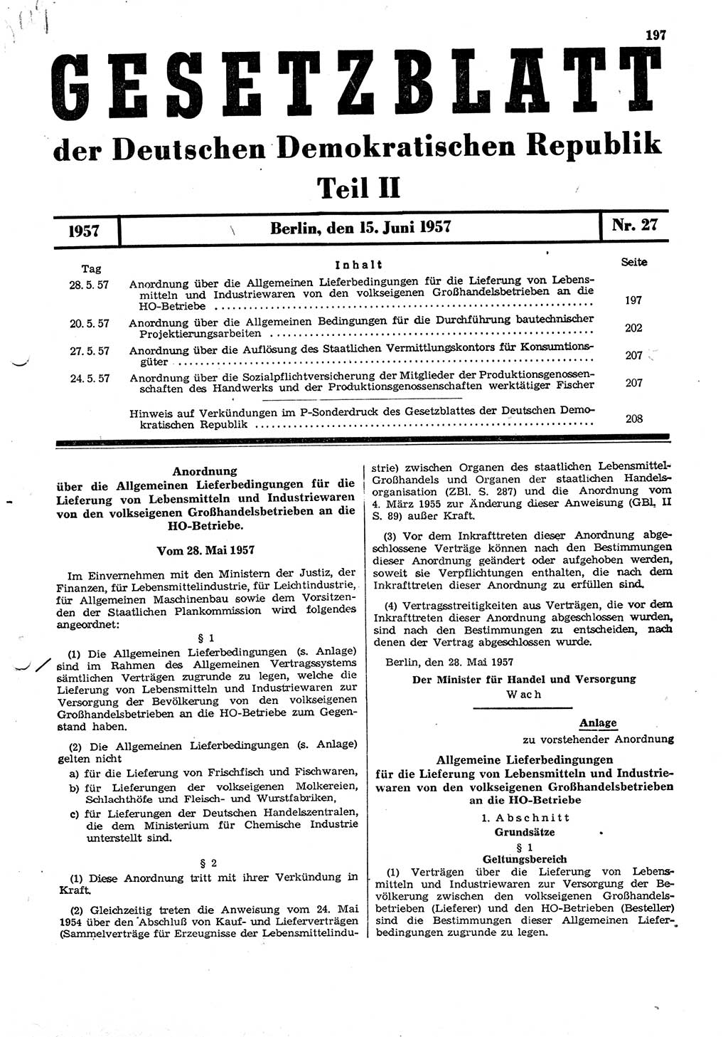 Gesetzblatt (GBl.) der Deutschen Demokratischen Republik (DDR) Teil ⅠⅠ 1957, Seite 197 (GBl. DDR ⅠⅠ 1957, S. 197)