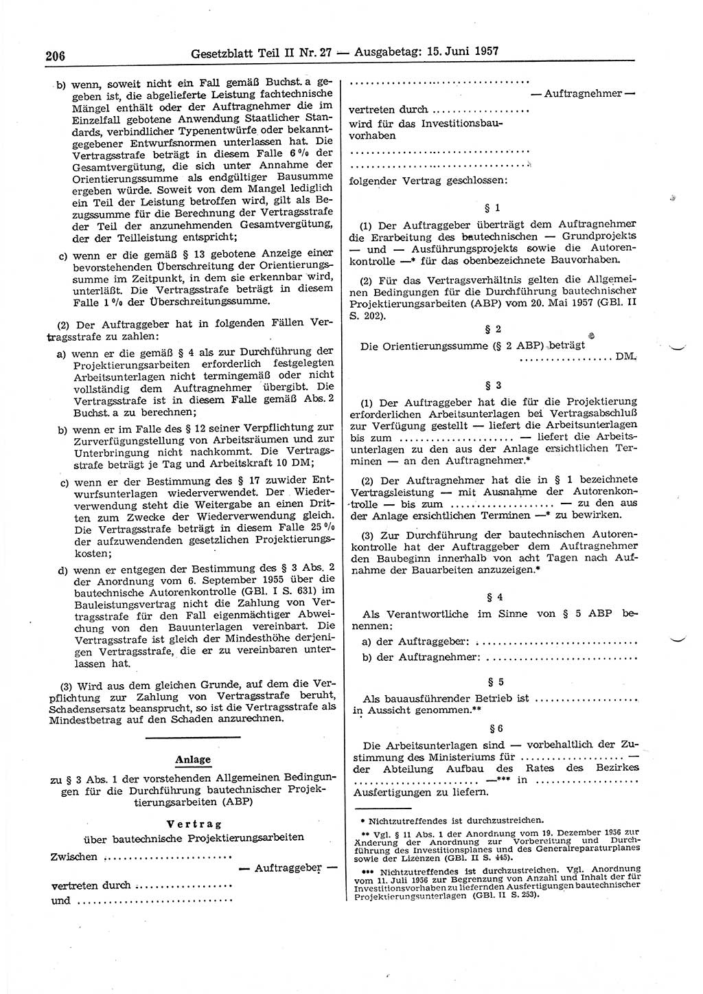 Gesetzblatt (GBl.) der Deutschen Demokratischen Republik (DDR) Teil ⅠⅠ 1957, Seite 206 (GBl. DDR ⅠⅠ 1957, S. 206)