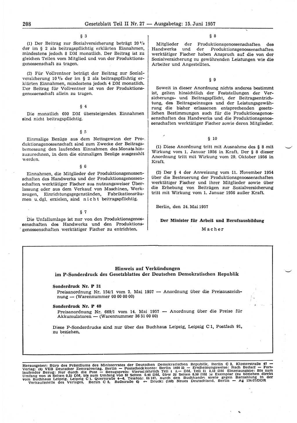 Gesetzblatt (GBl.) der Deutschen Demokratischen Republik (DDR) Teil ⅠⅠ 1957, Seite 208 (GBl. DDR ⅠⅠ 1957, S. 208)