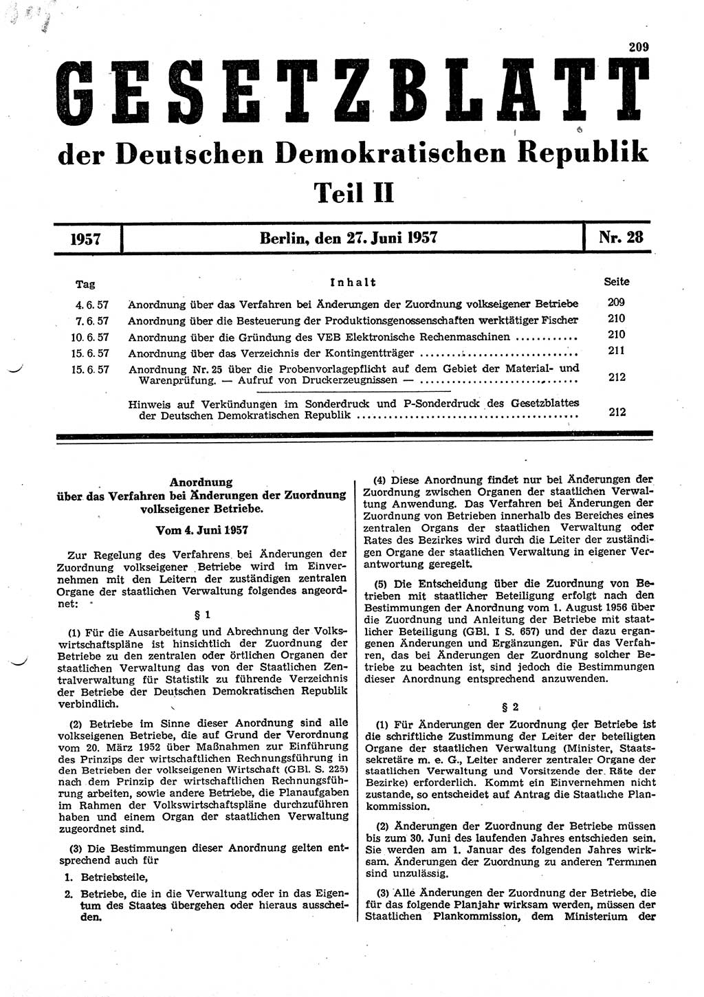 Gesetzblatt (GBl.) der Deutschen Demokratischen Republik (DDR) Teil ⅠⅠ 1957, Seite 209 (GBl. DDR ⅠⅠ 1957, S. 209)