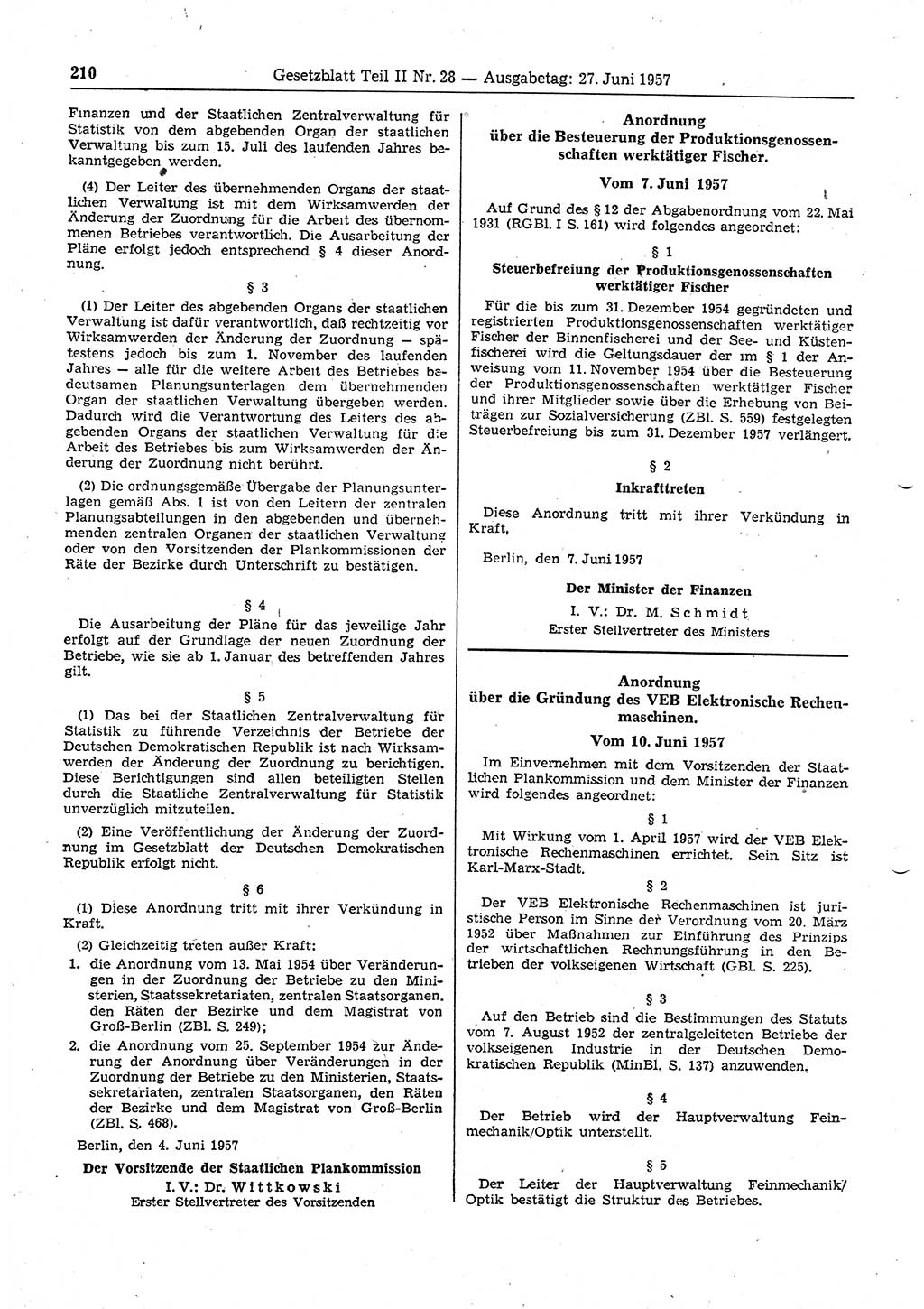 Gesetzblatt (GBl.) der Deutschen Demokratischen Republik (DDR) Teil ⅠⅠ 1957, Seite 210 (GBl. DDR ⅠⅠ 1957, S. 210)