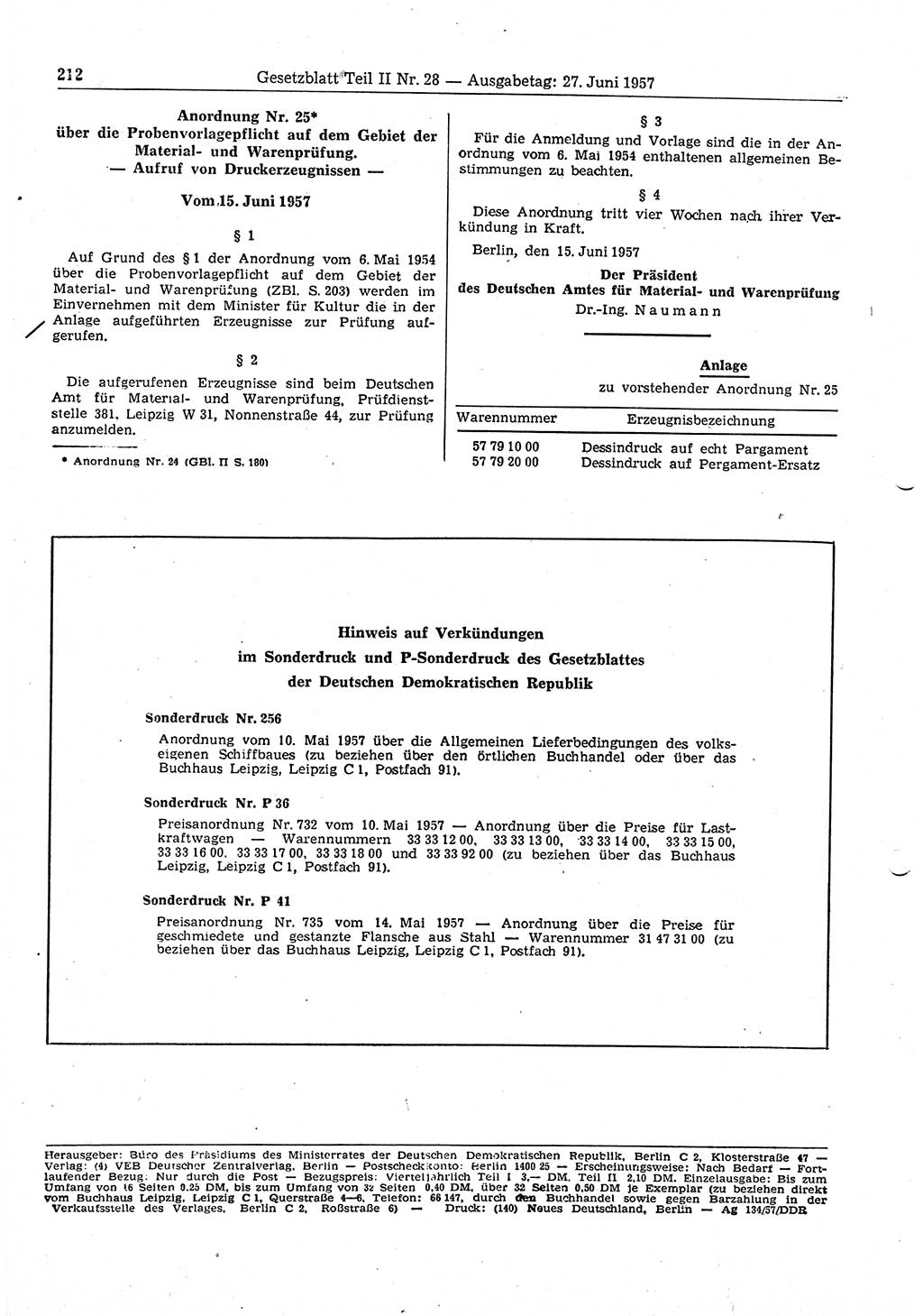 Gesetzblatt (GBl.) der Deutschen Demokratischen Republik (DDR) Teil ⅠⅠ 1957, Seite 212 (GBl. DDR ⅠⅠ 1957, S. 212)