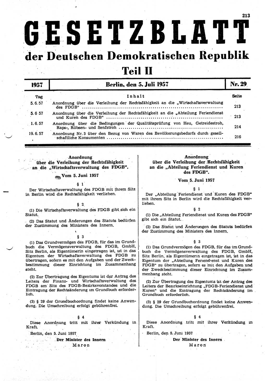 Gesetzblatt (GBl.) der Deutschen Demokratischen Republik (DDR) Teil ⅠⅠ 1957, Seite 213 (GBl. DDR ⅠⅠ 1957, S. 213)