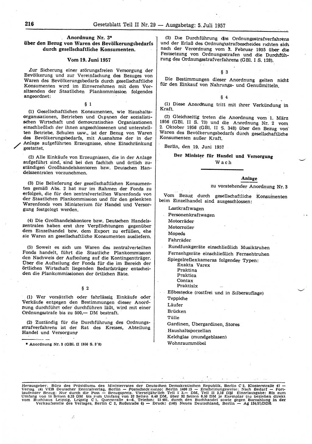 Gesetzblatt (GBl.) der Deutschen Demokratischen Republik (DDR) Teil ⅠⅠ 1957, Seite 216 (GBl. DDR ⅠⅠ 1957, S. 216)