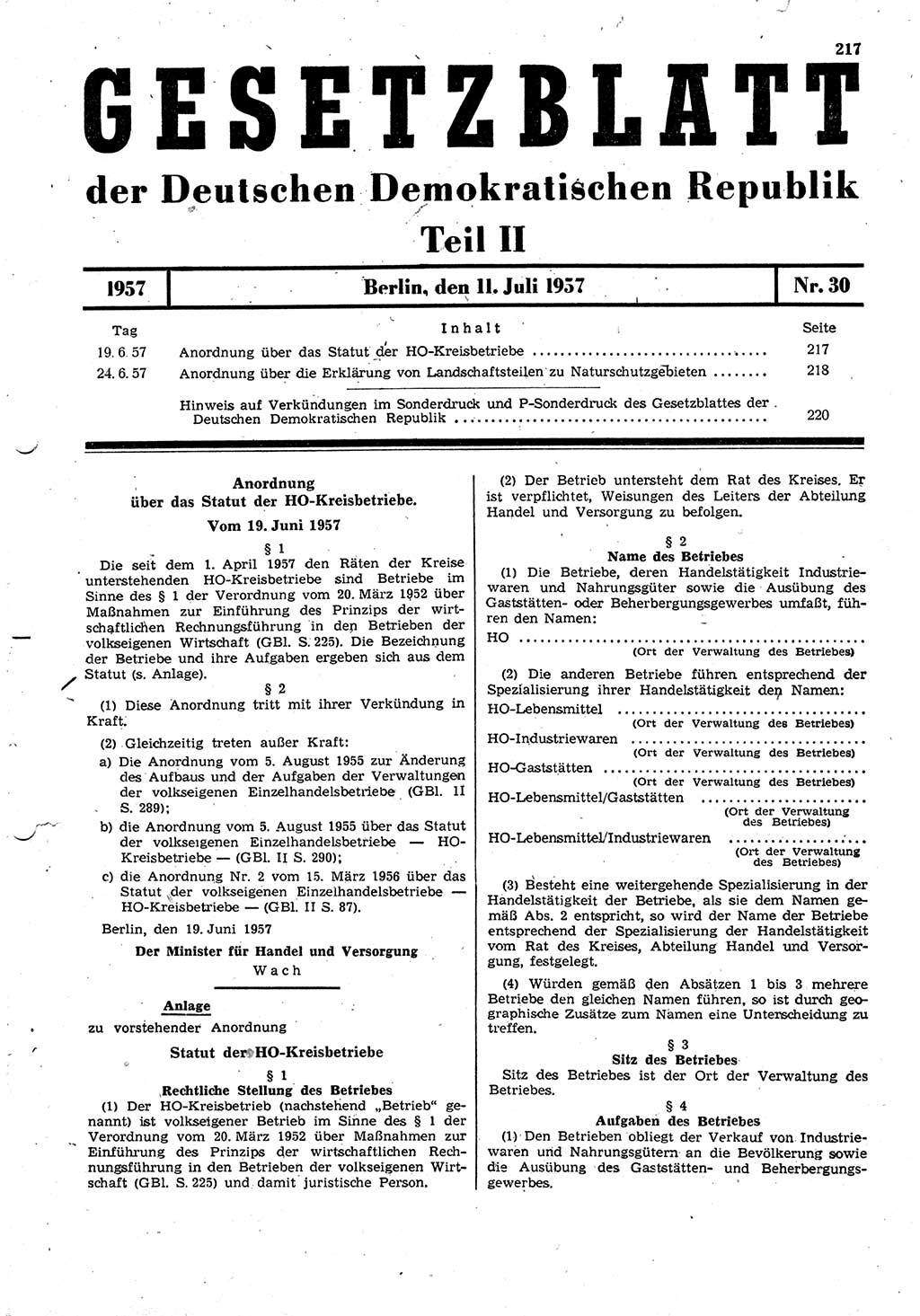 Gesetzblatt (GBl.) der Deutschen Demokratischen Republik (DDR) Teil ⅠⅠ 1957, Seite 217 (GBl. DDR ⅠⅠ 1957, S. 217)