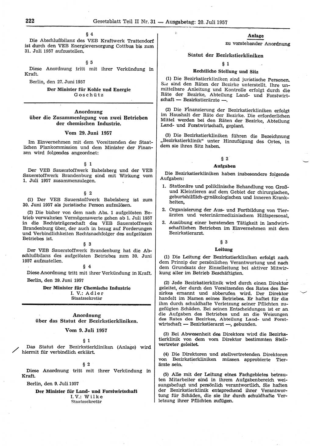Gesetzblatt (GBl.) der Deutschen Demokratischen Republik (DDR) Teil ⅠⅠ 1957, Seite 222 (GBl. DDR ⅠⅠ 1957, S. 222)