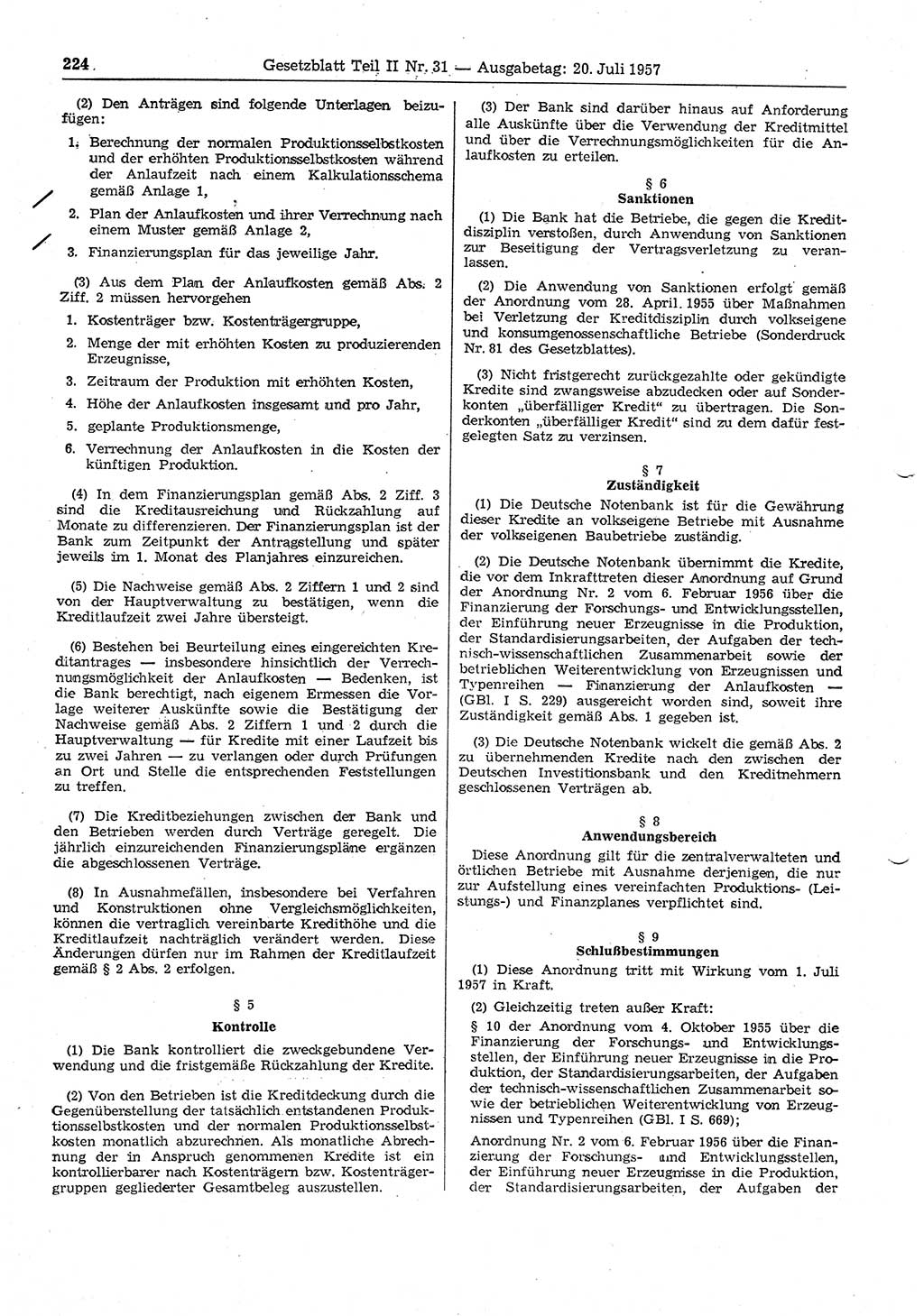Gesetzblatt (GBl.) der Deutschen Demokratischen Republik (DDR) Teil ⅠⅠ 1957, Seite 224 (GBl. DDR ⅠⅠ 1957, S. 224)