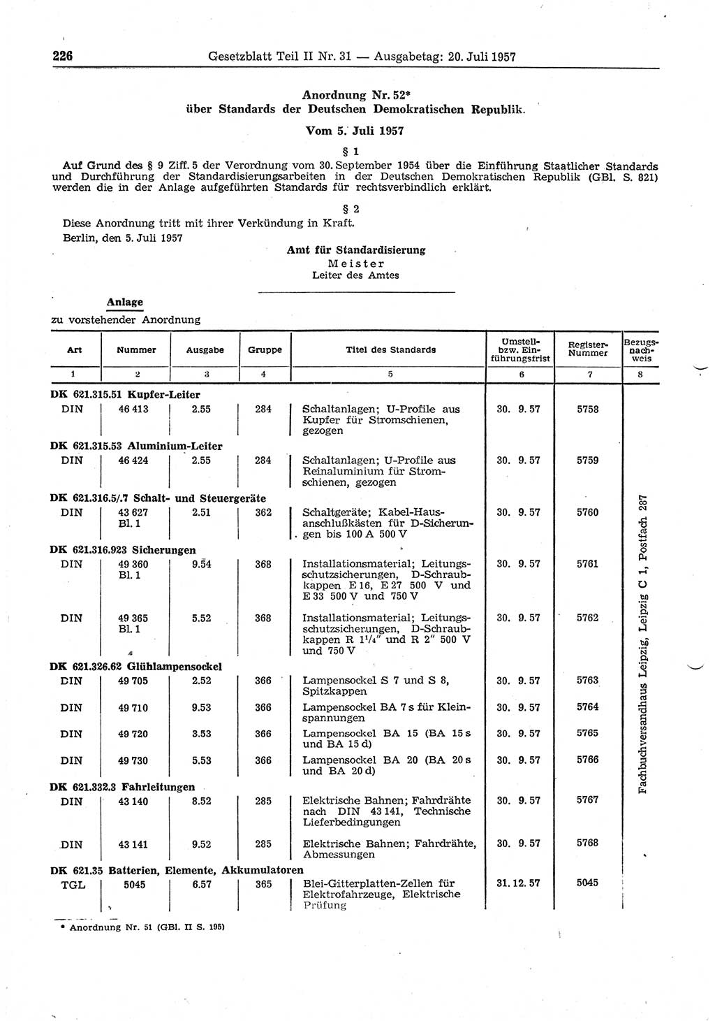 Gesetzblatt (GBl.) der Deutschen Demokratischen Republik (DDR) Teil ⅠⅠ 1957, Seite 226 (GBl. DDR ⅠⅠ 1957, S. 226)