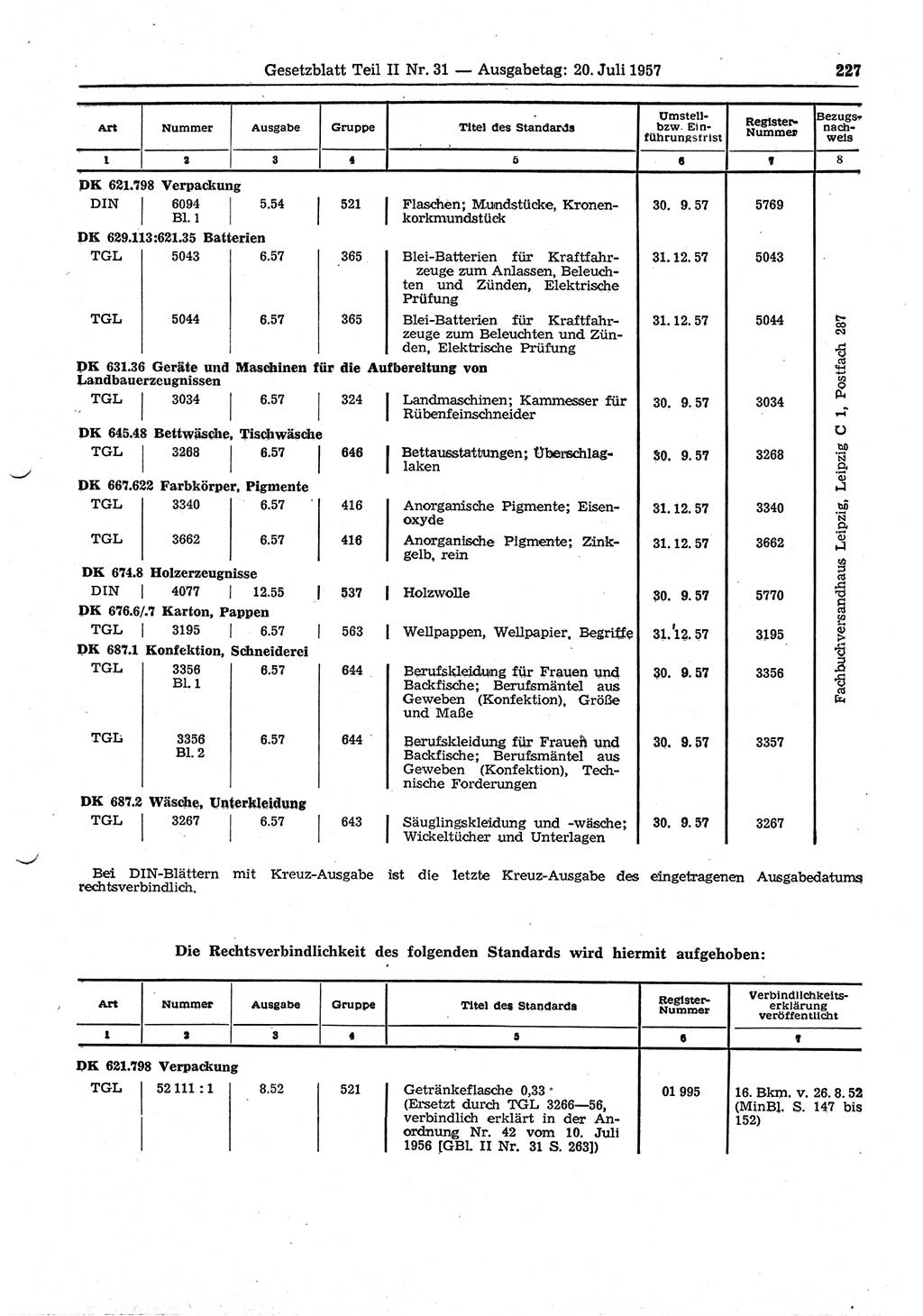 Gesetzblatt (GBl.) der Deutschen Demokratischen Republik (DDR) Teil ⅠⅠ 1957, Seite 227 (GBl. DDR ⅠⅠ 1957, S. 227)