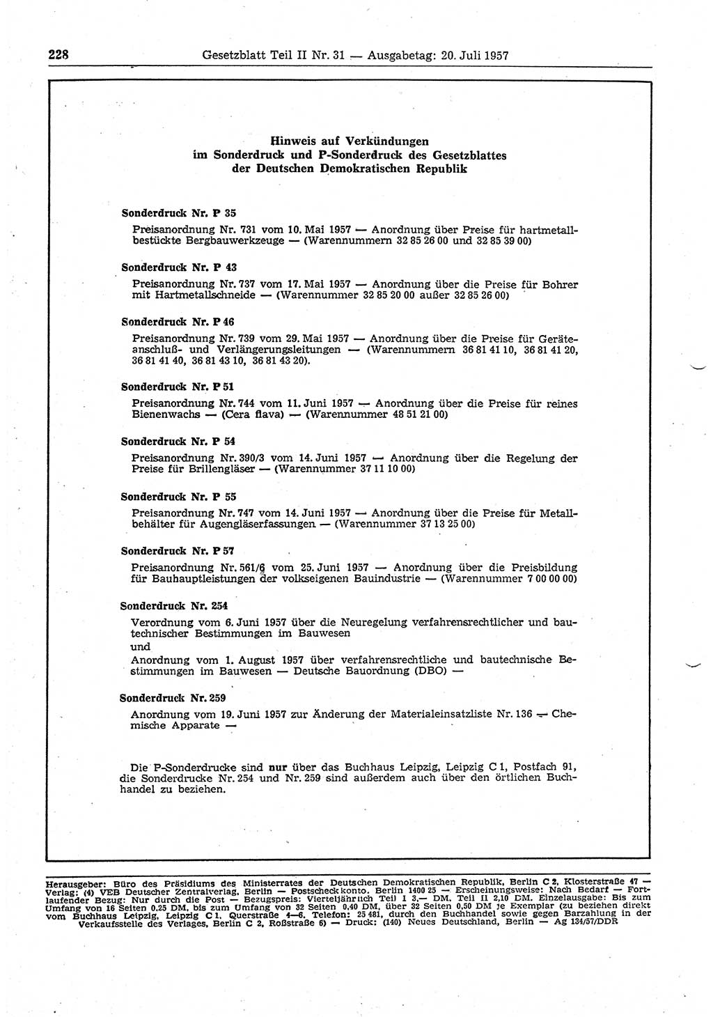 Gesetzblatt (GBl.) der Deutschen Demokratischen Republik (DDR) Teil ⅠⅠ 1957, Seite 228 (GBl. DDR ⅠⅠ 1957, S. 228)