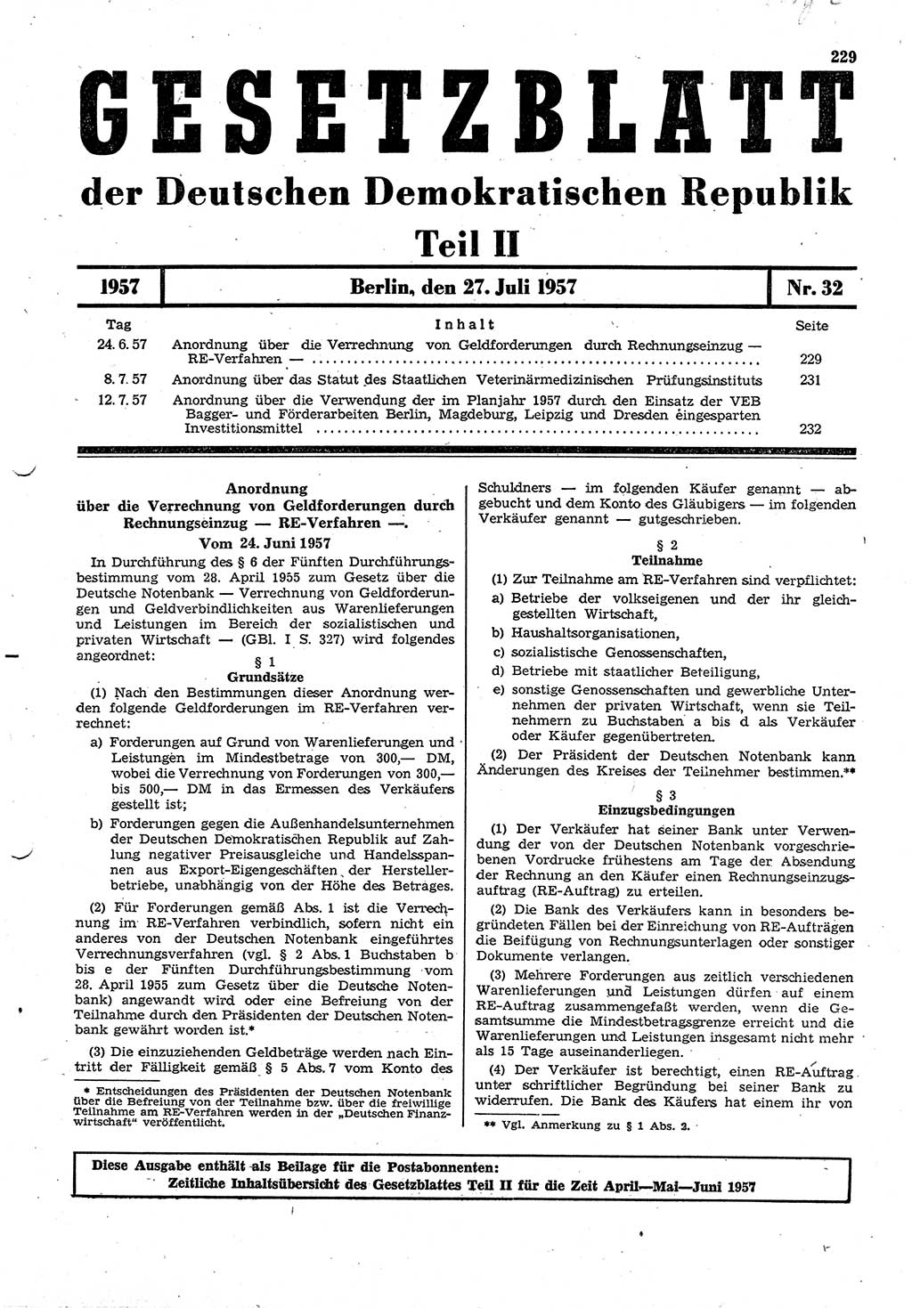 Gesetzblatt (GBl.) der Deutschen Demokratischen Republik (DDR) Teil ⅠⅠ 1957, Seite 229 (GBl. DDR ⅠⅠ 1957, S. 229)