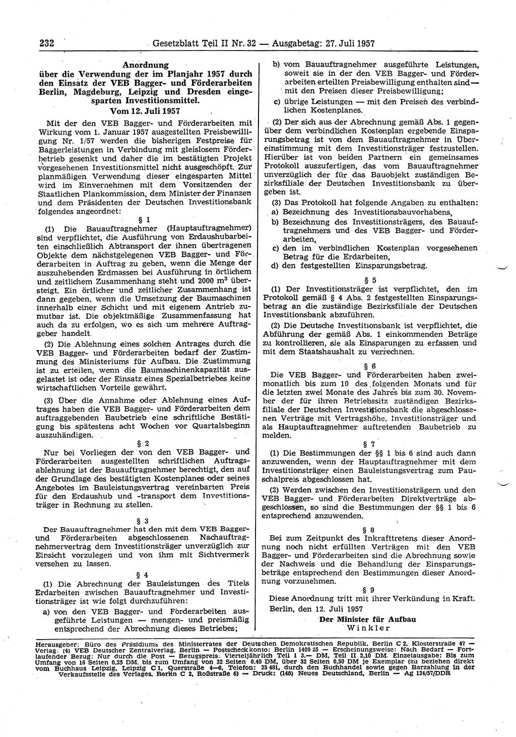Gesetzblatt (GBl.) der Deutschen Demokratischen Republik (DDR) Teil ⅠⅠ 1957, Seite 232 (GBl. DDR ⅠⅠ 1957, S. 232)