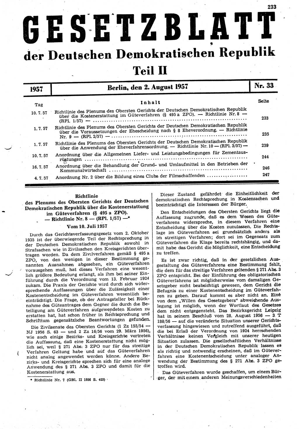 Gesetzblatt (GBl.) der Deutschen Demokratischen Republik (DDR) Teil ⅠⅠ 1957, Seite 233 (GBl. DDR ⅠⅠ 1957, S. 233)