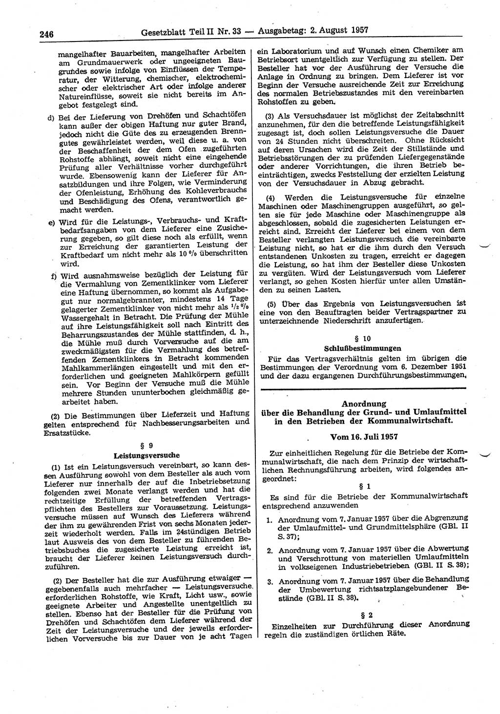 Gesetzblatt (GBl.) der Deutschen Demokratischen Republik (DDR) Teil ⅠⅠ 1957, Seite 246 (GBl. DDR ⅠⅠ 1957, S. 246)