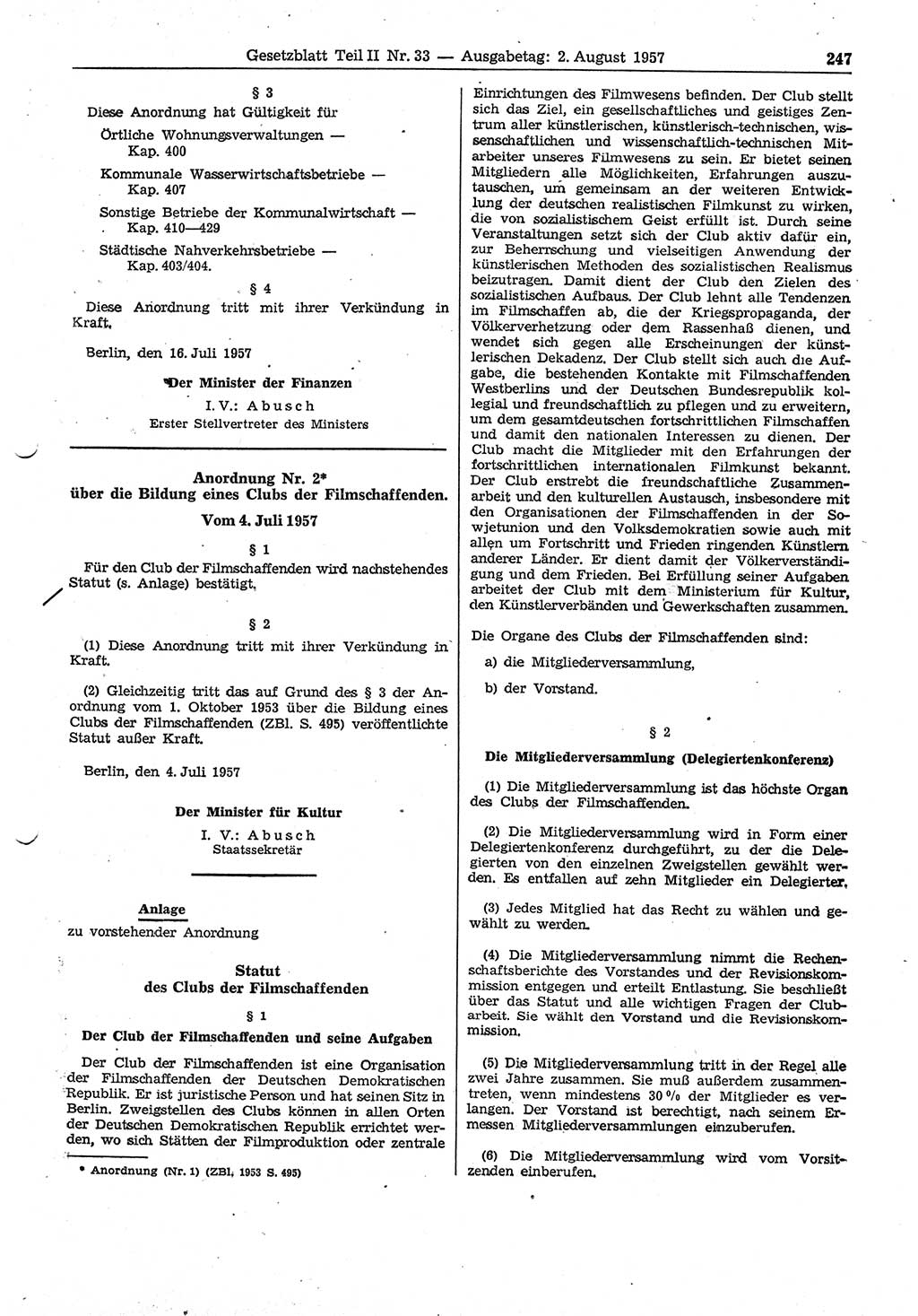Gesetzblatt (GBl.) der Deutschen Demokratischen Republik (DDR) Teil ⅠⅠ 1957, Seite 247 (GBl. DDR ⅠⅠ 1957, S. 247)