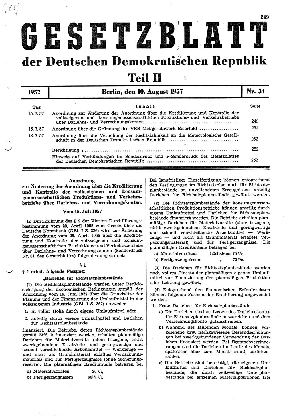 Gesetzblatt (GBl.) der Deutschen Demokratischen Republik (DDR) Teil ⅠⅠ 1957, Seite 249 (GBl. DDR ⅠⅠ 1957, S. 249)