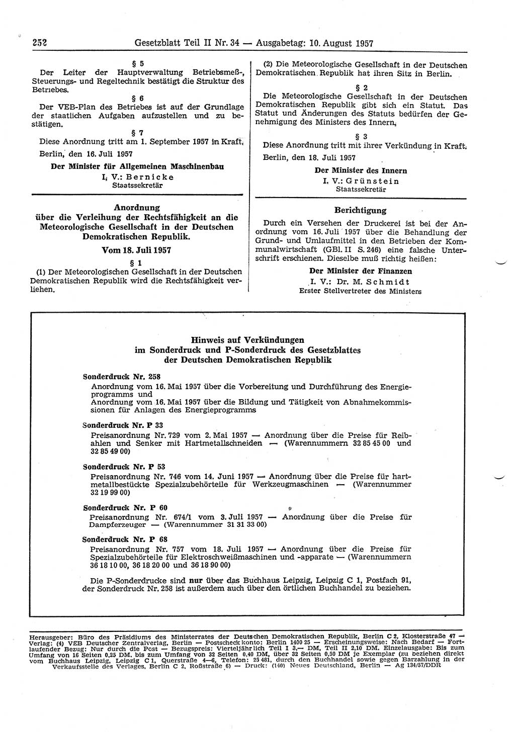 Gesetzblatt (GBl.) der Deutschen Demokratischen Republik (DDR) Teil ⅠⅠ 1957, Seite 252 (GBl. DDR ⅠⅠ 1957, S. 252)
