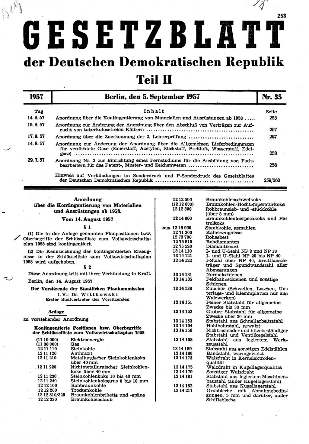 Gesetzblatt (GBl.) der Deutschen Demokratischen Republik (DDR) Teil ⅠⅠ 1957, Seite 253 (GBl. DDR ⅠⅠ 1957, S. 253)