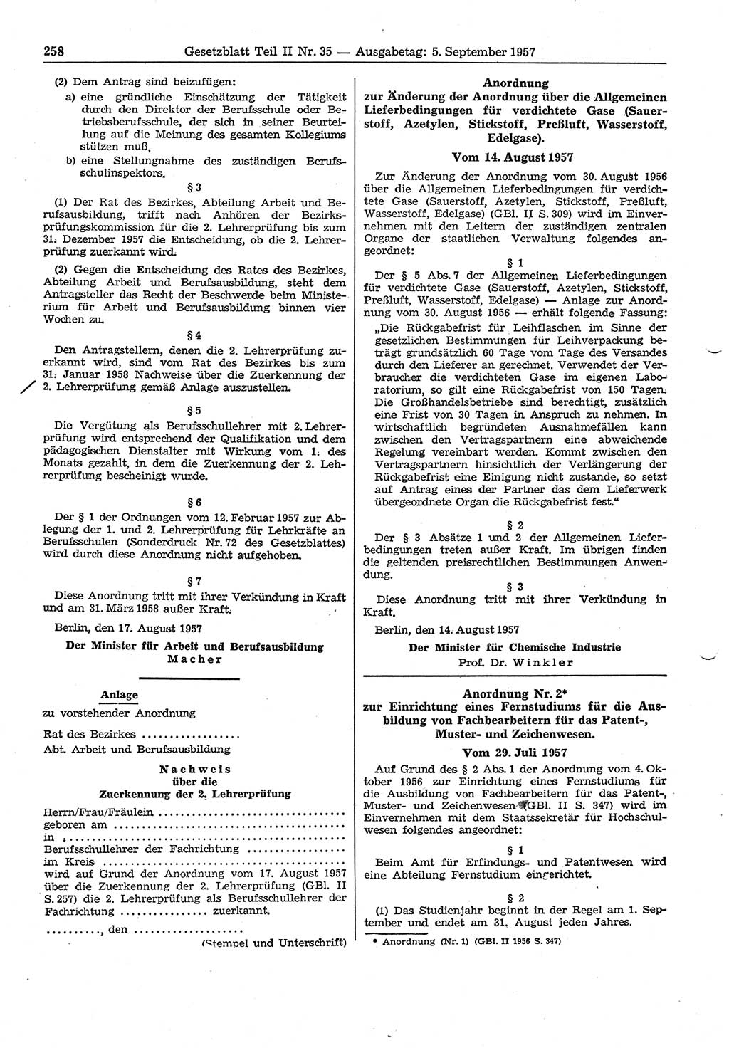 Gesetzblatt (GBl.) der Deutschen Demokratischen Republik (DDR) Teil ⅠⅠ 1957, Seite 258 (GBl. DDR ⅠⅠ 1957, S. 258)