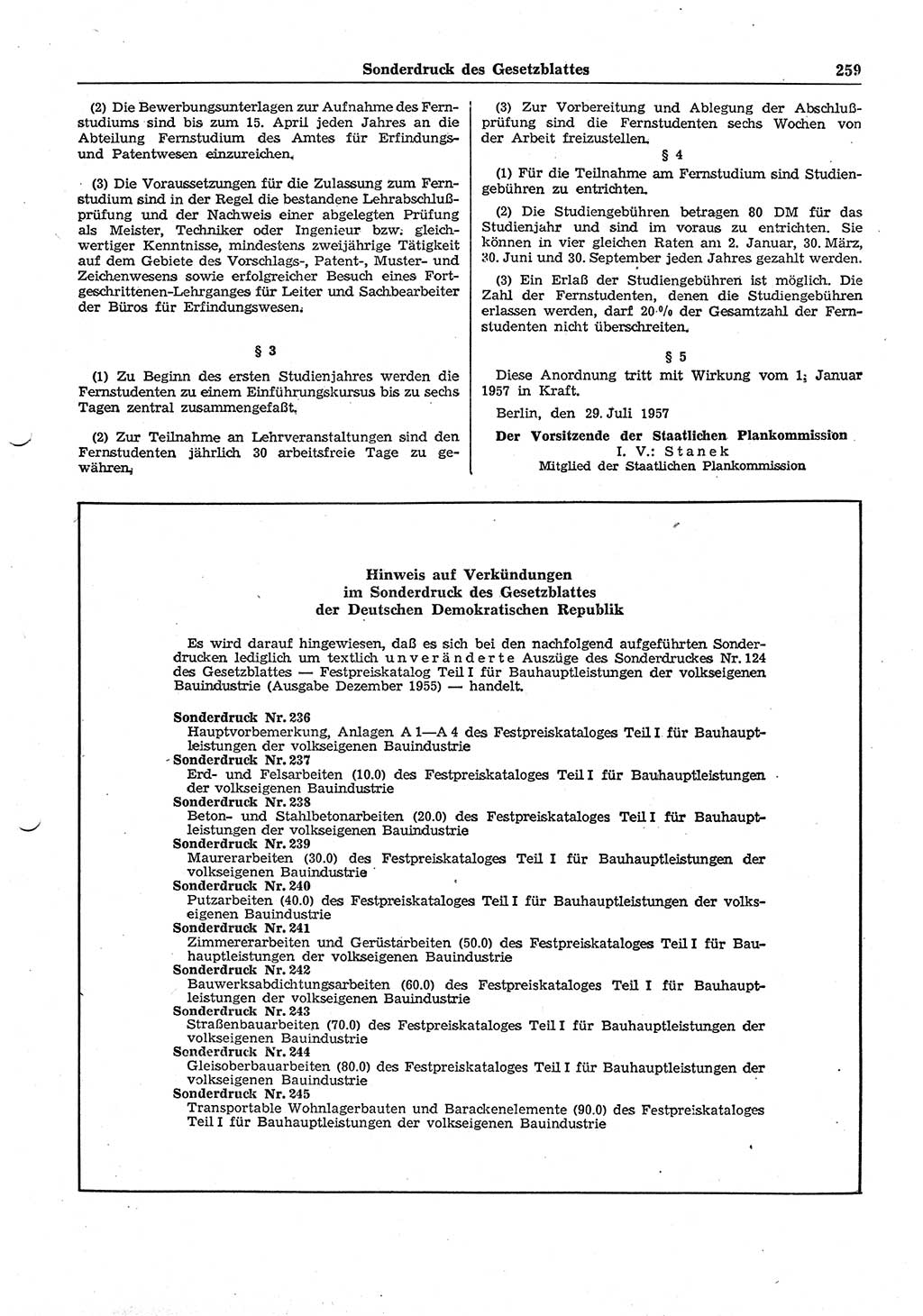 Gesetzblatt (GBl.) der Deutschen Demokratischen Republik (DDR) Teil ⅠⅠ 1957, Seite 259 (GBl. DDR ⅠⅠ 1957, S. 259)
