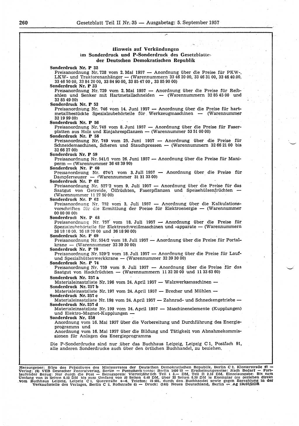 Gesetzblatt (GBl.) der Deutschen Demokratischen Republik (DDR) Teil ⅠⅠ 1957, Seite 260 (GBl. DDR ⅠⅠ 1957, S. 260)