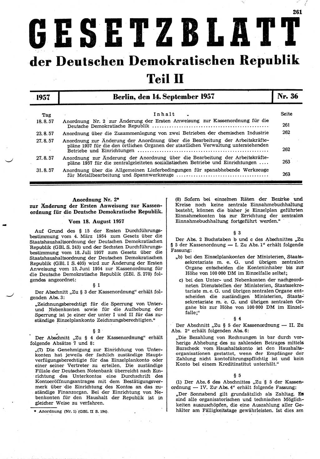Gesetzblatt (GBl.) der Deutschen Demokratischen Republik (DDR) Teil ⅠⅠ 1957, Seite 261 (GBl. DDR ⅠⅠ 1957, S. 261)