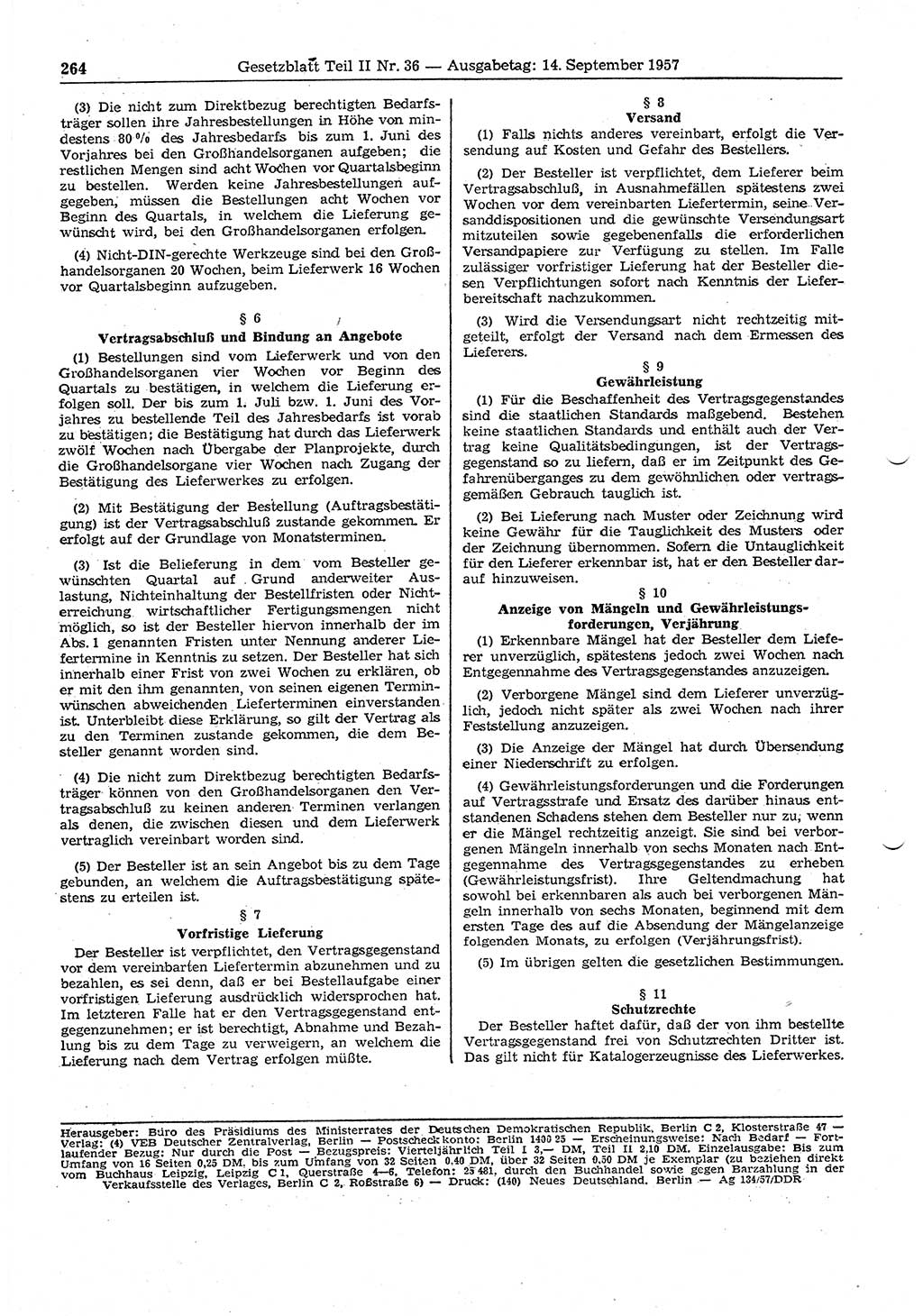 Gesetzblatt (GBl.) der Deutschen Demokratischen Republik (DDR) Teil ⅠⅠ 1957, Seite 264 (GBl. DDR ⅠⅠ 1957, S. 264)