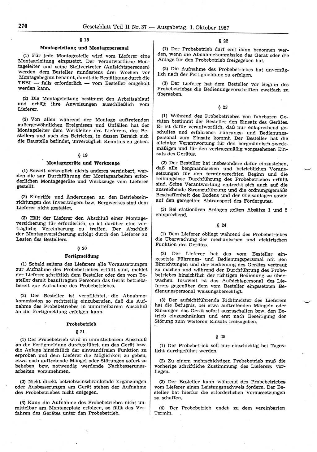 Gesetzblatt (GBl.) der Deutschen Demokratischen Republik (DDR) Teil ⅠⅠ 1957, Seite 270 (GBl. DDR ⅠⅠ 1957, S. 270)