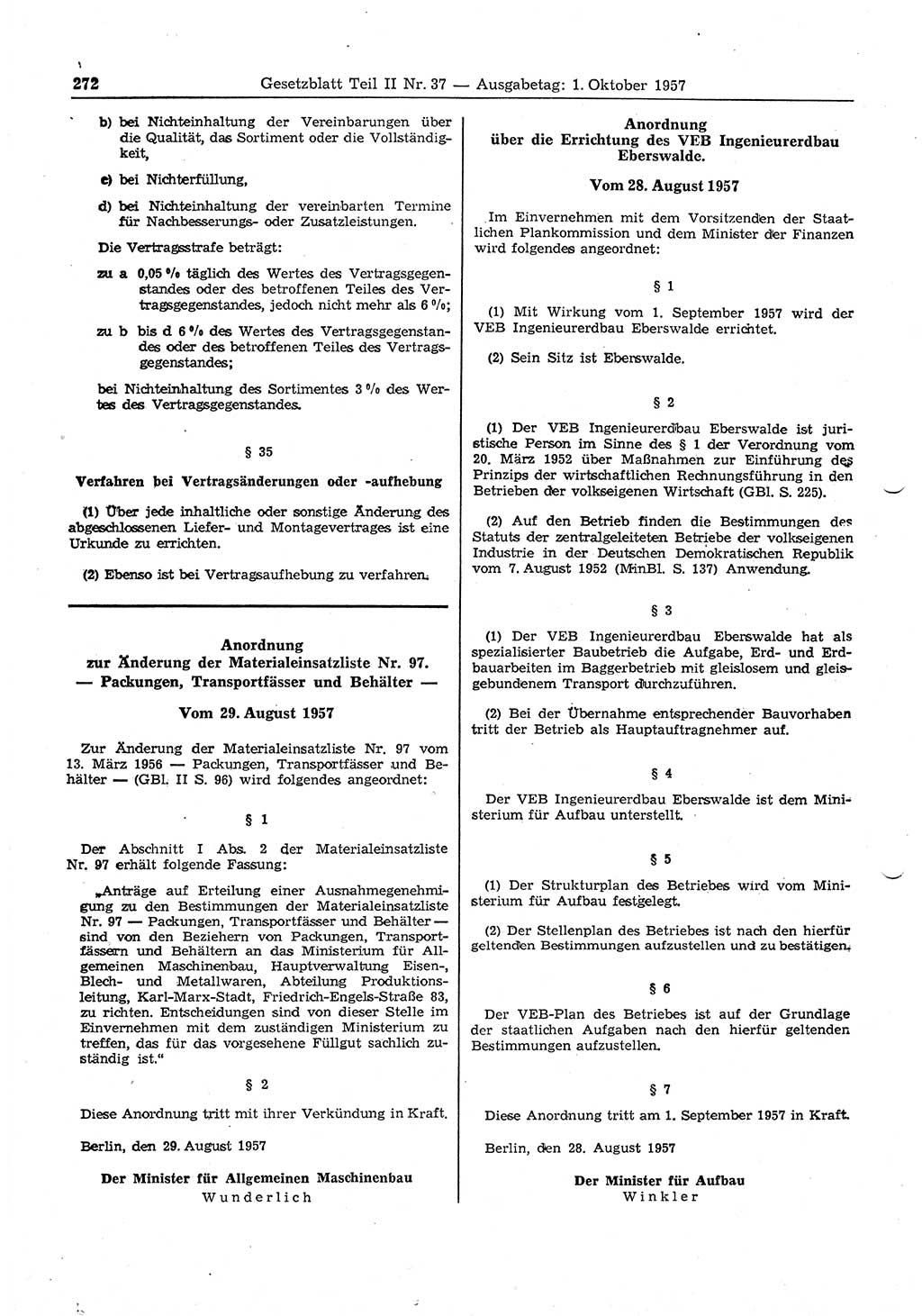 Gesetzblatt (GBl.) der Deutschen Demokratischen Republik (DDR) Teil ⅠⅠ 1957, Seite 272 (GBl. DDR ⅠⅠ 1957, S. 272)