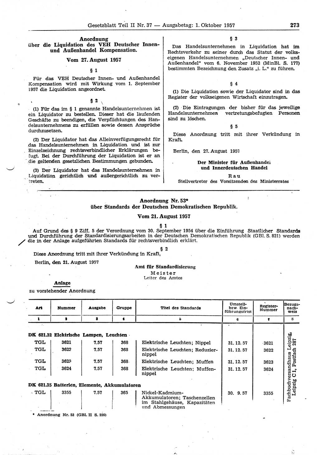 Gesetzblatt (GBl.) der Deutschen Demokratischen Republik (DDR) Teil ⅠⅠ 1957, Seite 273 (GBl. DDR ⅠⅠ 1957, S. 273)