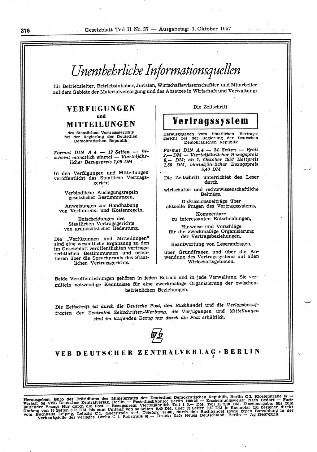 Gesetzblatt (GBl.) der Deutschen Demokratischen Republik (DDR) Teil ⅠⅠ 1957, Seite 276 (GBl. DDR ⅠⅠ 1957, S. 276)