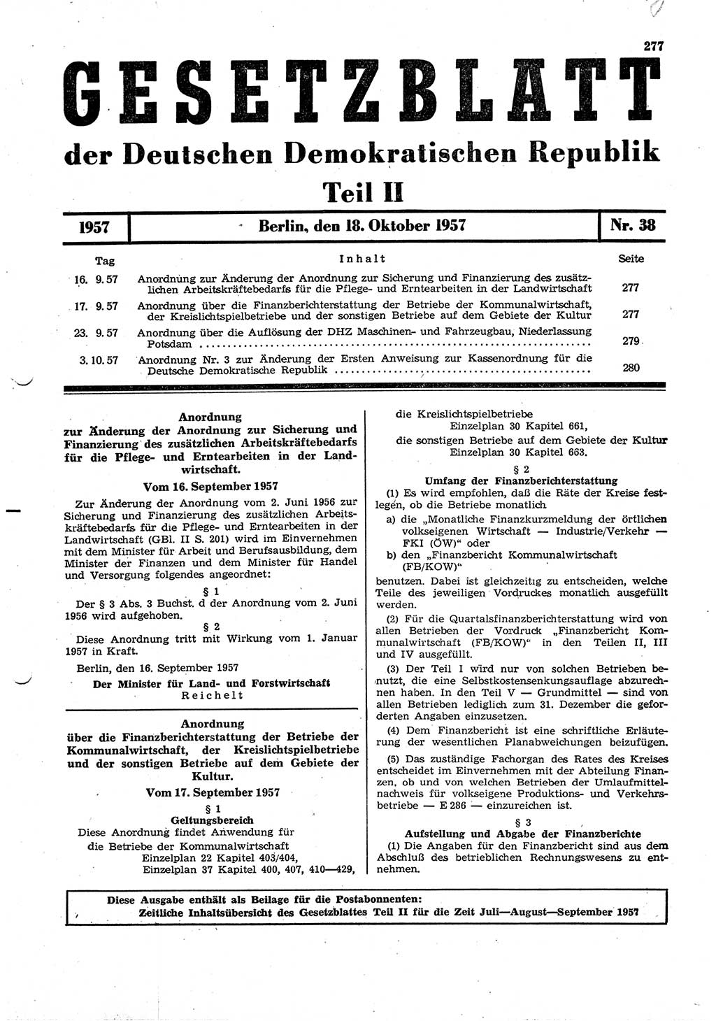 Gesetzblatt (GBl.) der Deutschen Demokratischen Republik (DDR) Teil ⅠⅠ 1957, Seite 277 (GBl. DDR ⅠⅠ 1957, S. 277)