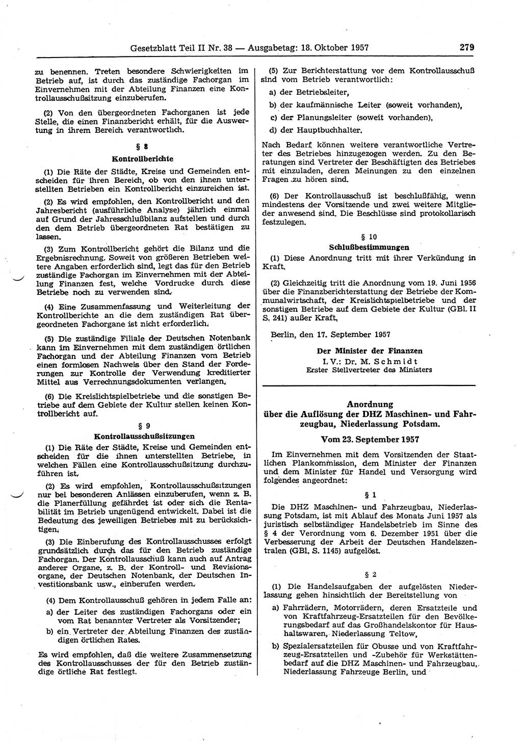 Gesetzblatt (GBl.) der Deutschen Demokratischen Republik (DDR) Teil ⅠⅠ 1957, Seite 279 (GBl. DDR ⅠⅠ 1957, S. 279)