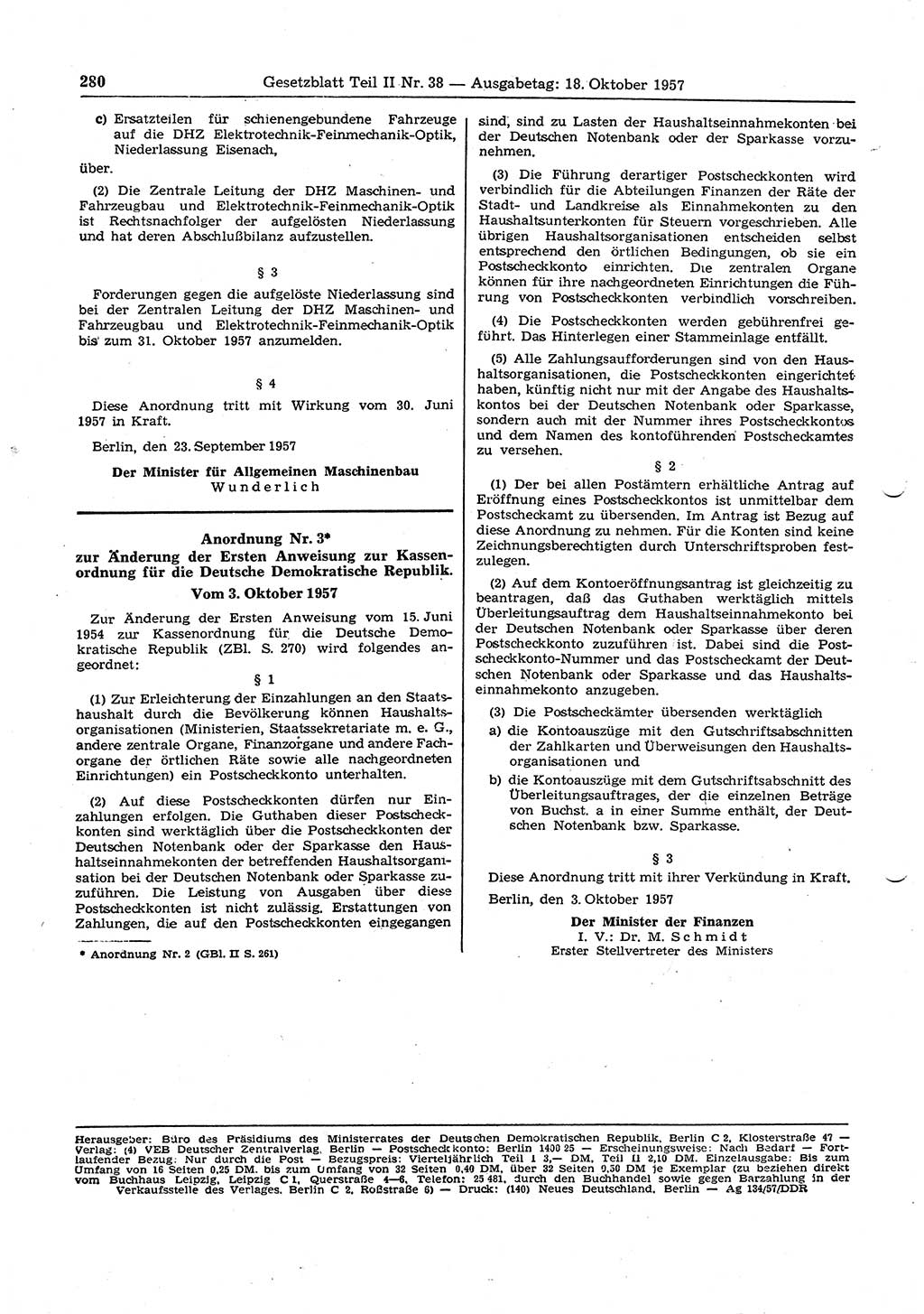 Gesetzblatt (GBl.) der Deutschen Demokratischen Republik (DDR) Teil ⅠⅠ 1957, Seite 280 (GBl. DDR ⅠⅠ 1957, S. 280)