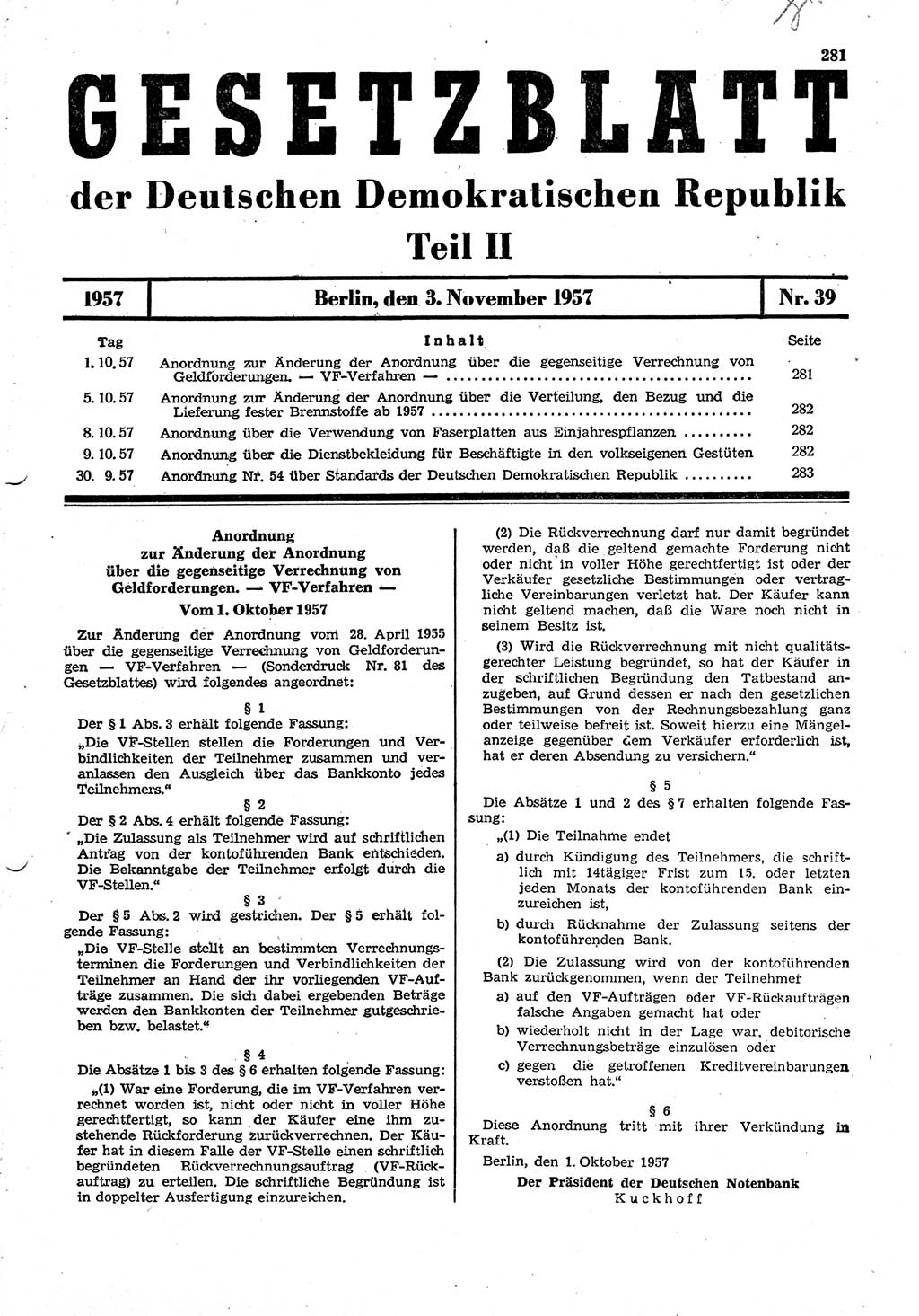 Gesetzblatt (GBl.) der Deutschen Demokratischen Republik (DDR) Teil ⅠⅠ 1957, Seite 281 (GBl. DDR ⅠⅠ 1957, S. 281)
