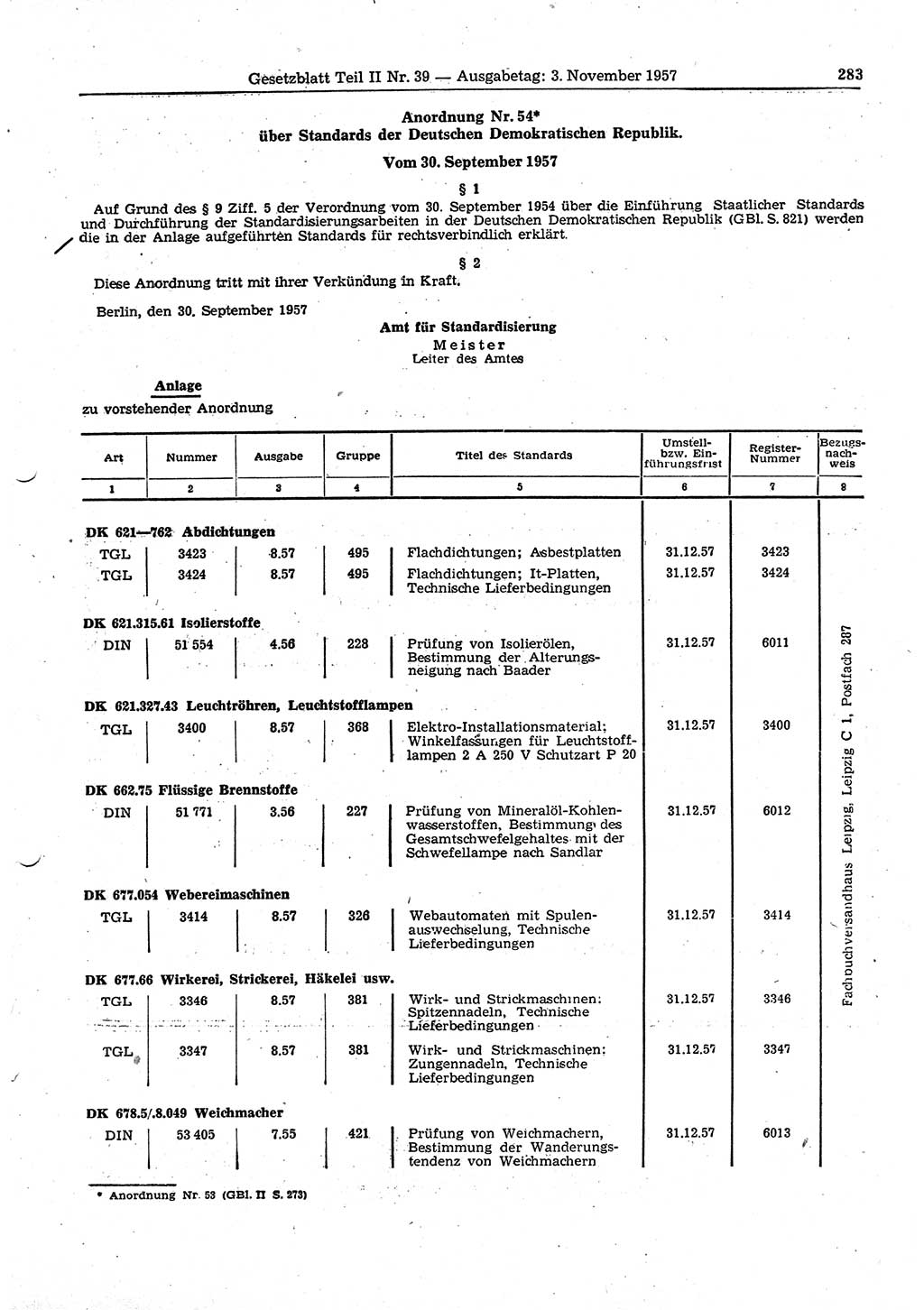 Gesetzblatt (GBl.) der Deutschen Demokratischen Republik (DDR) Teil ⅠⅠ 1957, Seite 283 (GBl. DDR ⅠⅠ 1957, S. 283)