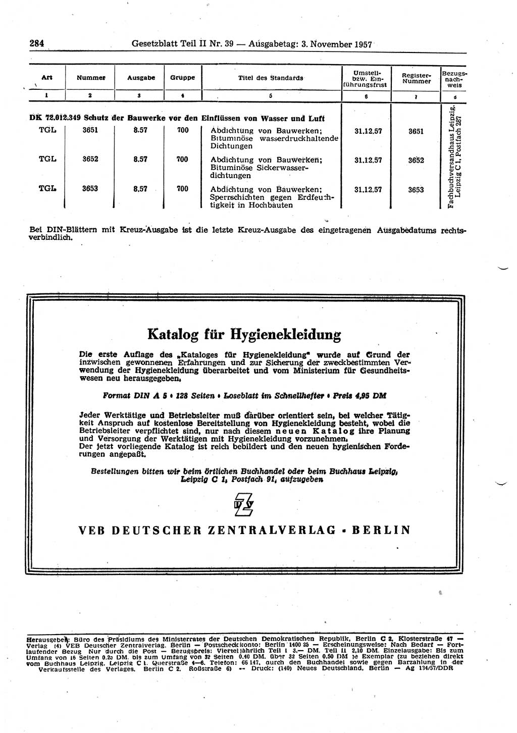 Gesetzblatt (GBl.) der Deutschen Demokratischen Republik (DDR) Teil ⅠⅠ 1957, Seite 284 (GBl. DDR ⅠⅠ 1957, S. 284)