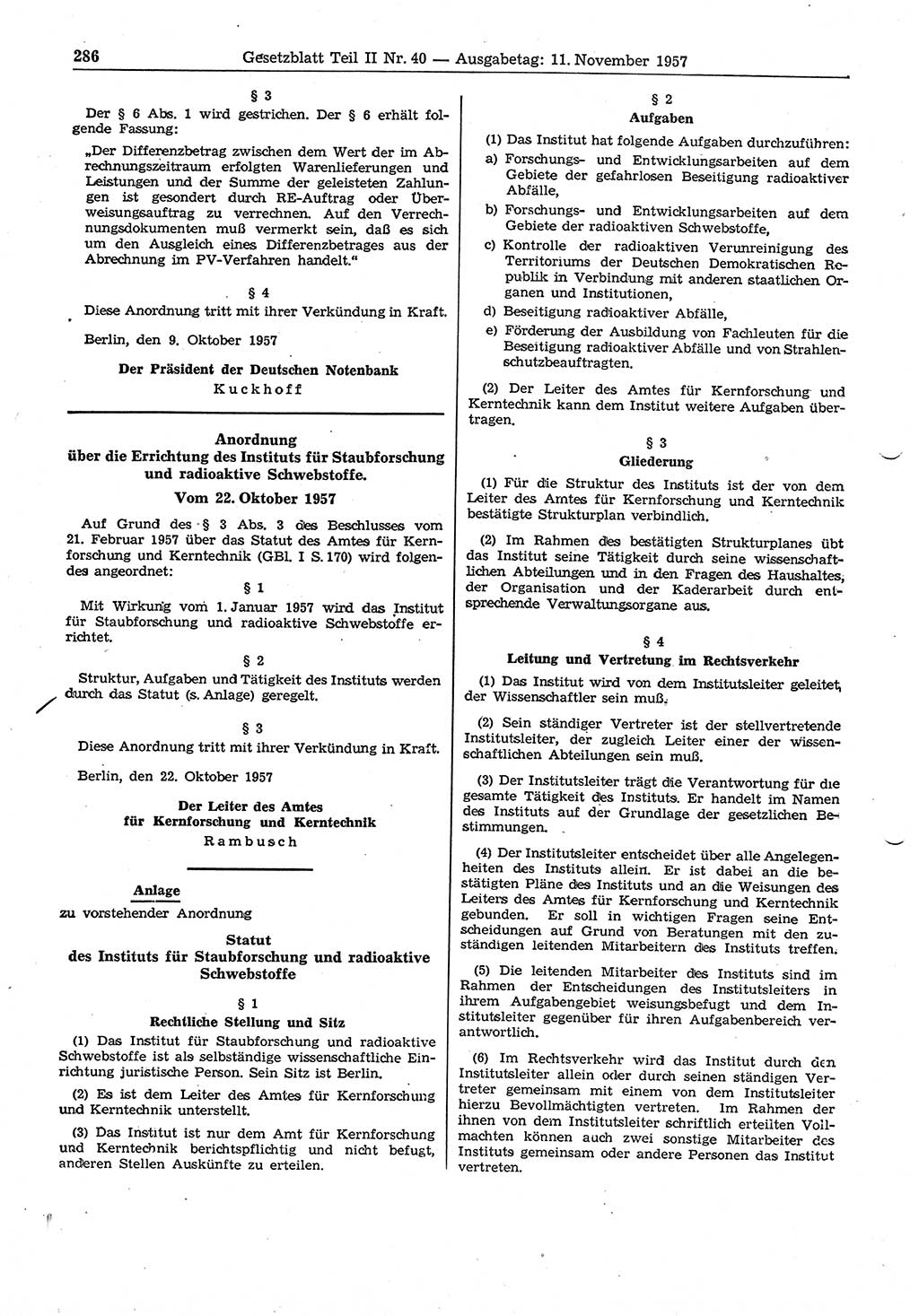 Gesetzblatt (GBl.) der Deutschen Demokratischen Republik (DDR) Teil ⅠⅠ 1957, Seite 286 (GBl. DDR ⅠⅠ 1957, S. 286)