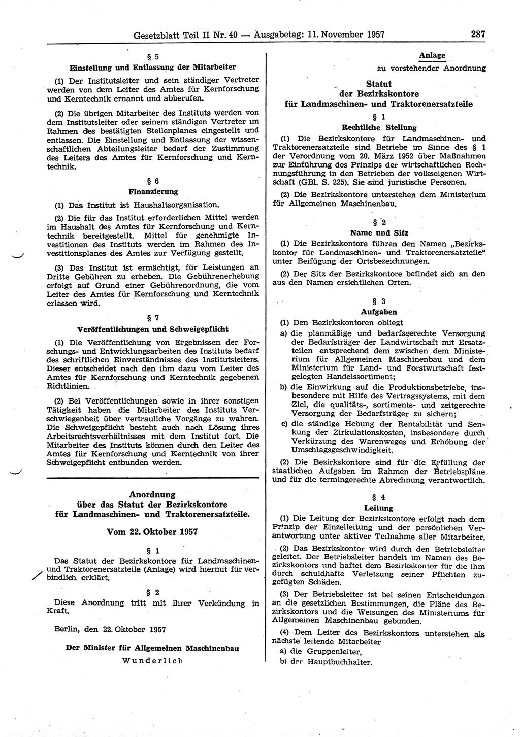 Gesetzblatt (GBl.) der Deutschen Demokratischen Republik (DDR) Teil ⅠⅠ 1957, Seite 287 (GBl. DDR ⅠⅠ 1957, S. 287)