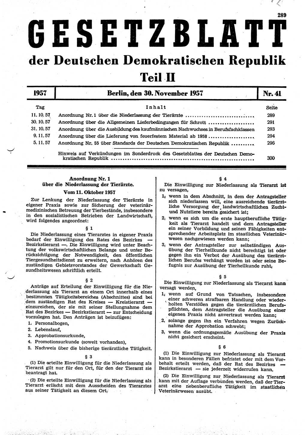 Gesetzblatt (GBl.) der Deutschen Demokratischen Republik (DDR) Teil ⅠⅠ 1957, Seite 289 (GBl. DDR ⅠⅠ 1957, S. 289)