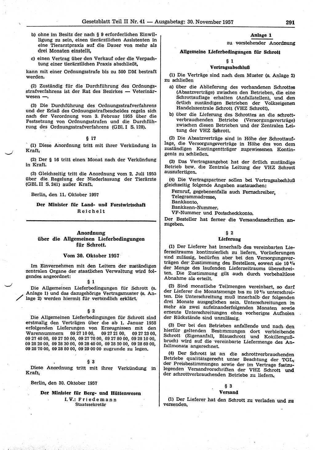 Gesetzblatt (GBl.) der Deutschen Demokratischen Republik (DDR) Teil â… â… 1957, Seite 291 (GBl. DDR â… â… 1957, S. 291)