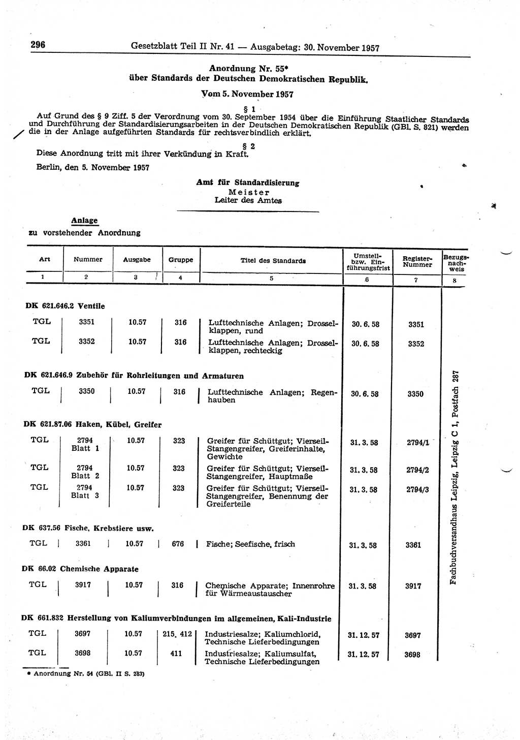 Gesetzblatt (GBl.) der Deutschen Demokratischen Republik (DDR) Teil ⅠⅠ 1957, Seite 296 (GBl. DDR ⅠⅠ 1957, S. 296)