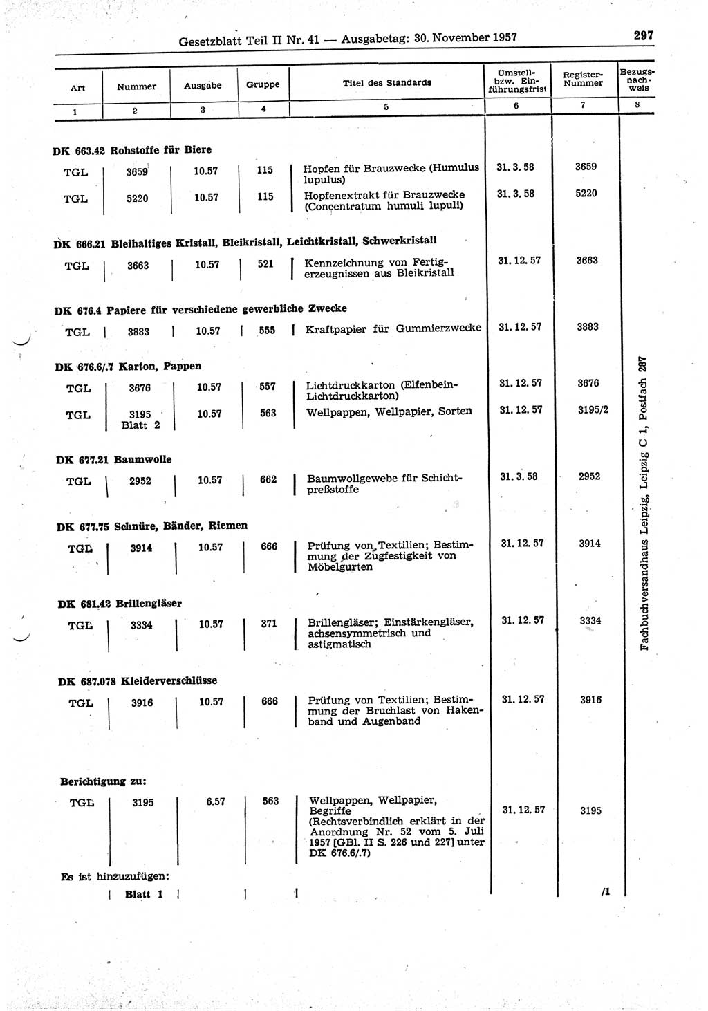 Gesetzblatt (GBl.) der Deutschen Demokratischen Republik (DDR) Teil ⅠⅠ 1957, Seite 297 (GBl. DDR ⅠⅠ 1957, S. 297)