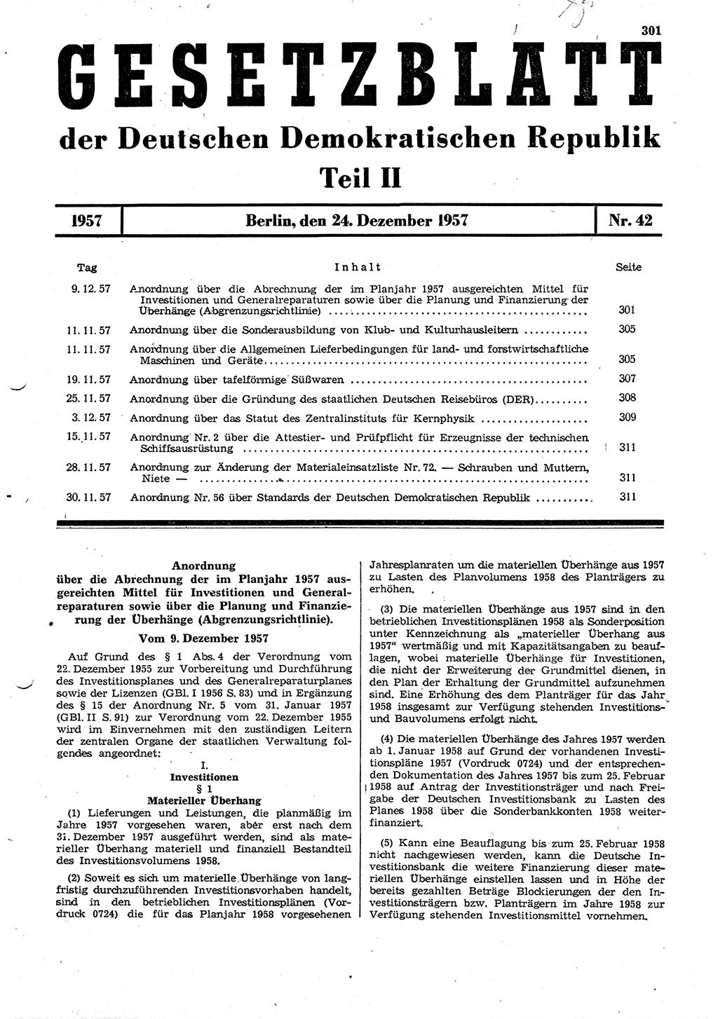 Gesetzblatt (GBl.) der Deutschen Demokratischen Republik (DDR) Teil ⅠⅠ 1957, Seite 301 (GBl. DDR ⅠⅠ 1957, S. 301)