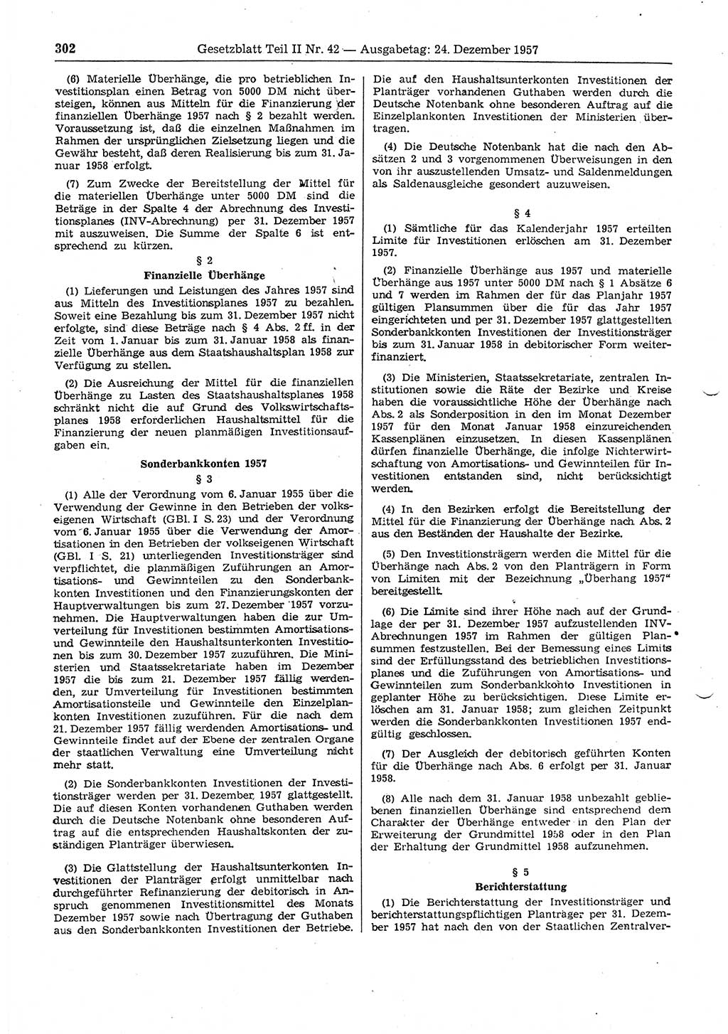 Gesetzblatt (GBl.) der Deutschen Demokratischen Republik (DDR) Teil ⅠⅠ 1957, Seite 302 (GBl. DDR ⅠⅠ 1957, S. 302)