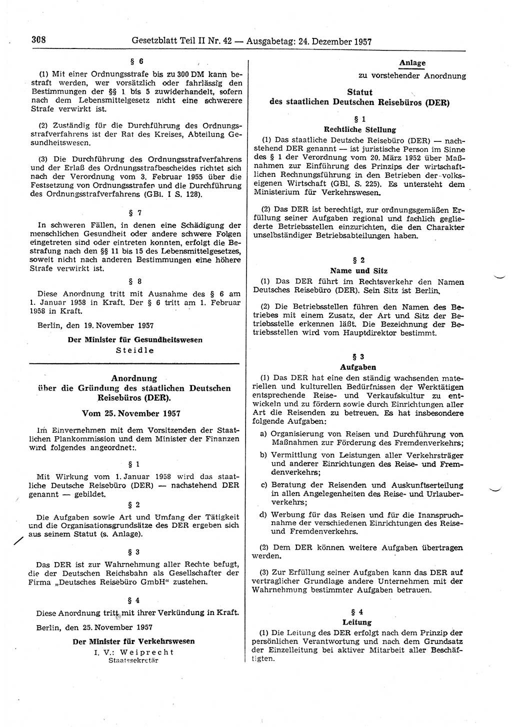 Gesetzblatt (GBl.) der Deutschen Demokratischen Republik (DDR) Teil ⅠⅠ 1957, Seite 308 (GBl. DDR ⅠⅠ 1957, S. 308)