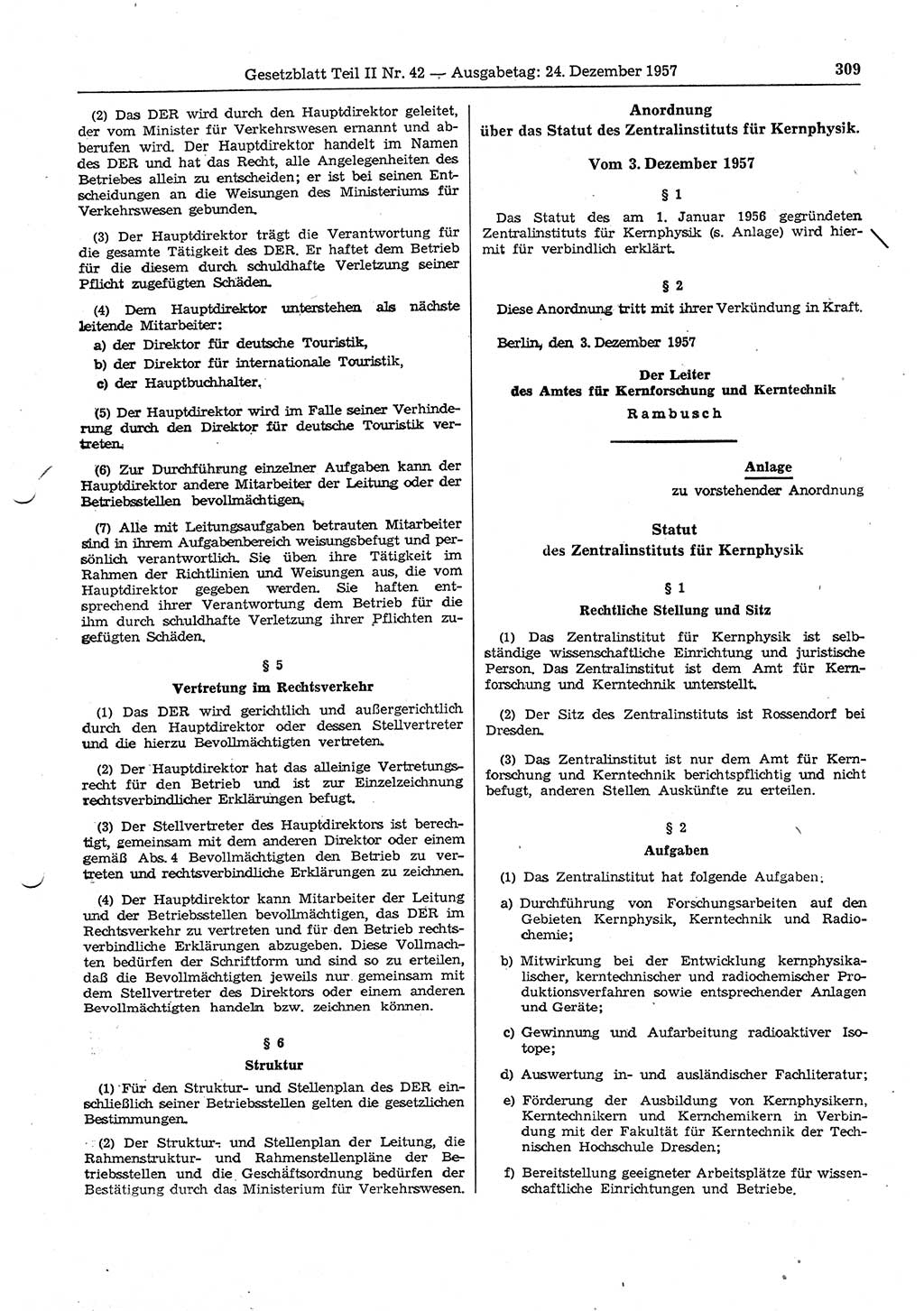 Gesetzblatt (GBl.) der Deutschen Demokratischen Republik (DDR) Teil ⅠⅠ 1957, Seite 309 (GBl. DDR ⅠⅠ 1957, S. 309)