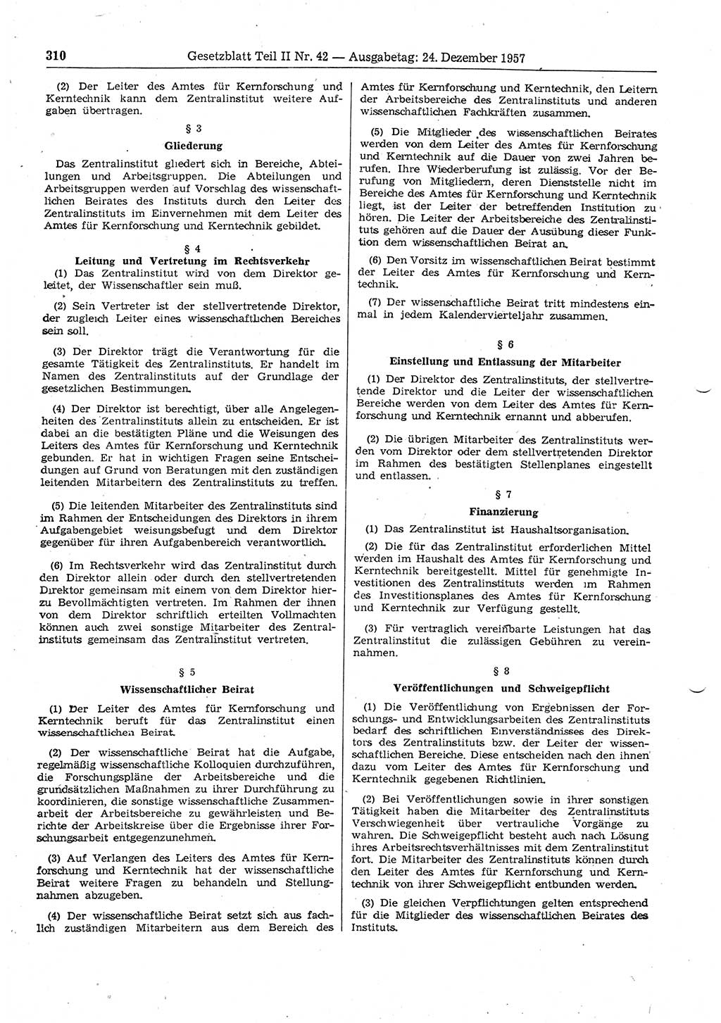 Gesetzblatt (GBl.) der Deutschen Demokratischen Republik (DDR) Teil ⅠⅠ 1957, Seite 310 (GBl. DDR ⅠⅠ 1957, S. 310)