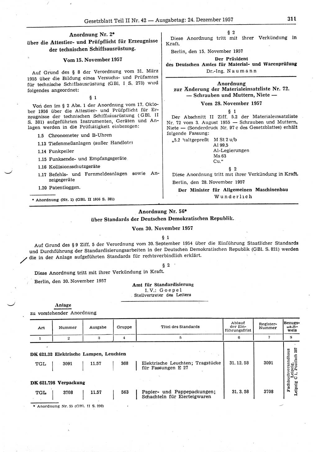 Gesetzblatt (GBl.) der Deutschen Demokratischen Republik (DDR) Teil ⅠⅠ 1957, Seite 311 (GBl. DDR ⅠⅠ 1957, S. 311)