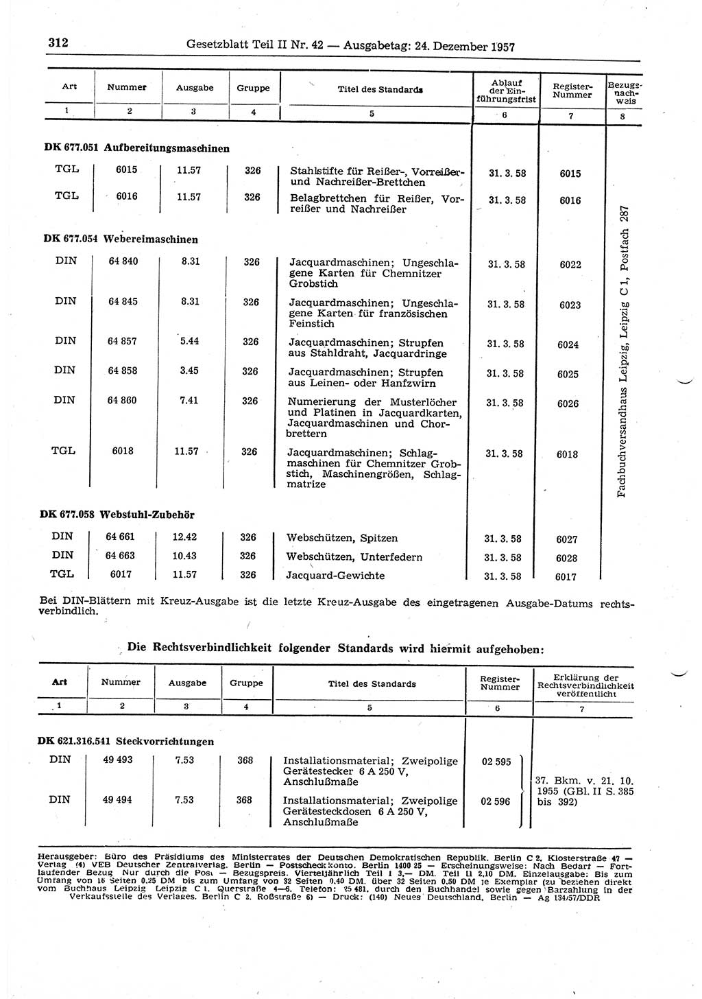 Gesetzblatt (GBl.) der Deutschen Demokratischen Republik (DDR) Teil ⅠⅠ 1957, Seite 312 (GBl. DDR ⅠⅠ 1957, S. 312)